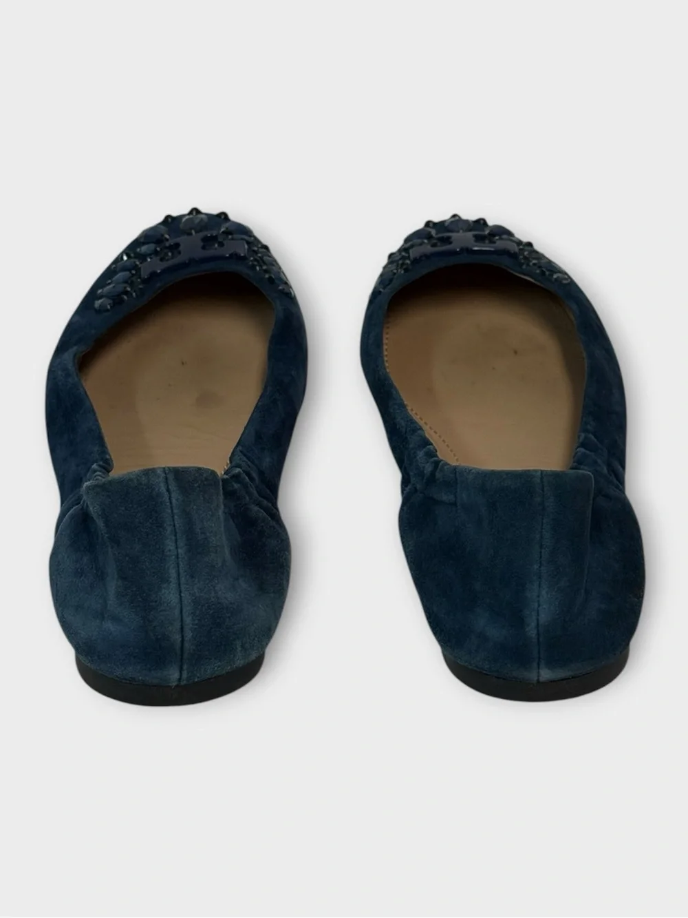 Tory Burch Navy Suede Crystal-Embellished Ballet Flats